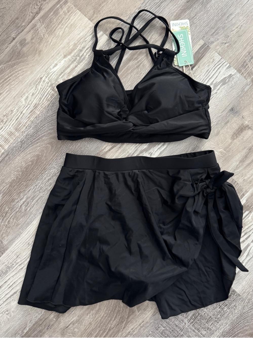 NEW Black Medium Twist Front Criss Cross Bikini Set w/ Swim Skirt Skort